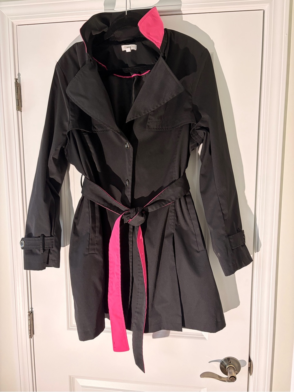 crown & ivy Black Trench Coat with Pink Trim and Belt